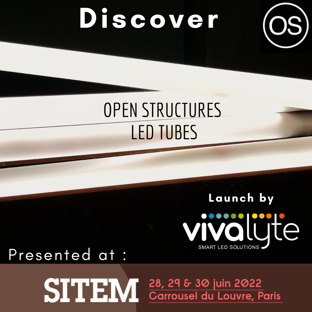 Vivalyte sustainable modular led tube light for OpenStructures grid at SITEM Paris